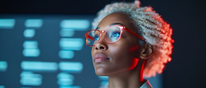Focused Student Analyzing Data on Screens in a Modern Media Lab