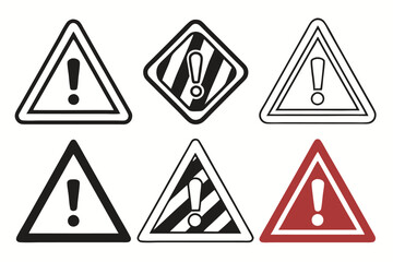 Warning signs, triangular icons, exclamation marks, caution symbols, danger alerts, black and white, yellow and red, attention graphics, safety emblems, hazard indicators, simple shapes, bold colors, 