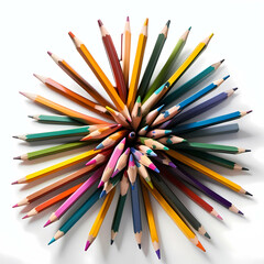 Fototapeta premium A chaotic pile of artist's pencils in vibrant colors, scattered randomly across a white background, viewed from above. Generative AI