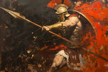 Mighty Spartan warrior charges into battle wielding a spear in a dramatic oil painting