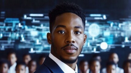 A young man dressed in a sharp suit displays confidence while looking directly at the viewer