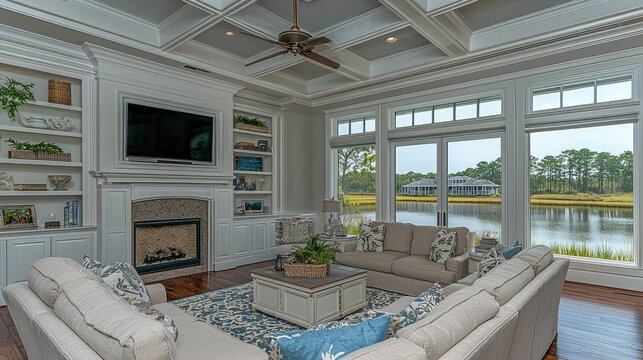 Elegant Living Room with Water View and Fireplace