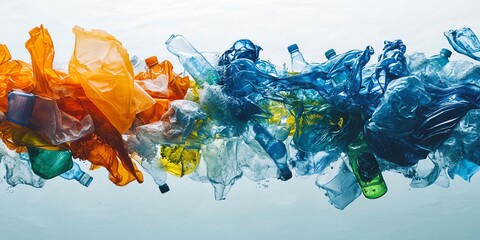 Underwater plastic pollution bottles, bags, and debris swirling in ocean currents.