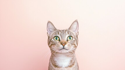 A playful striped cat sits upright, its large green eyes wide with curiosity. The soft pink backdrop enhances its charming expression and delightful demeanor