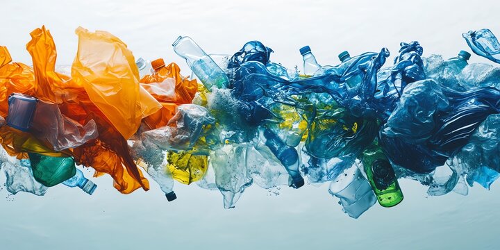 Underwater plastic pollution bottles, bags, and debris swirling in ocean currents.