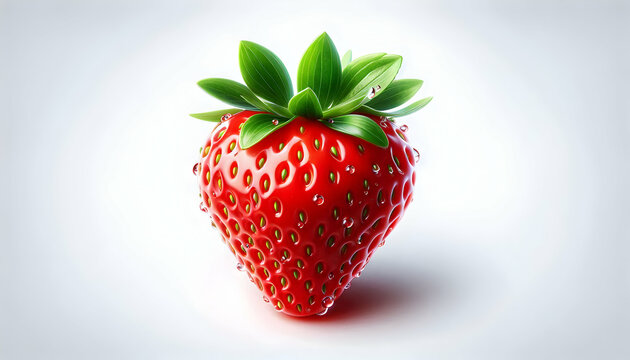 Fruit A bright red strawberry with a glossy surface and small seeds, topped with fresh green leaves The st4