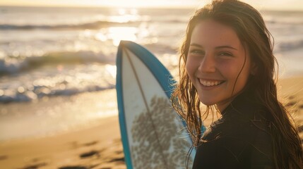 Joyful surfer girl with board enjoying a sunny beachfront moment