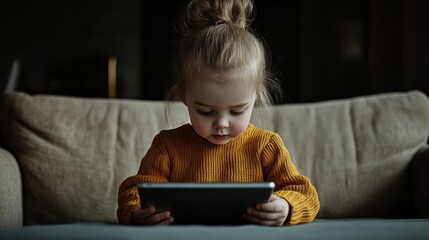 A young child with light brown hair and a yellow sweater is seated on a comfortable couch, deeply engaged with a tablet device in a softly lit room