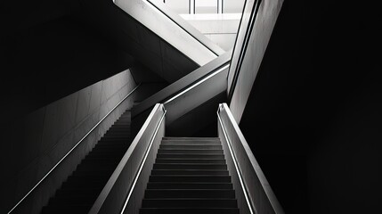 Fototapeta premium Abstract monochrome image of modern architecture, featuring intersecting staircases and dramatic shadows.