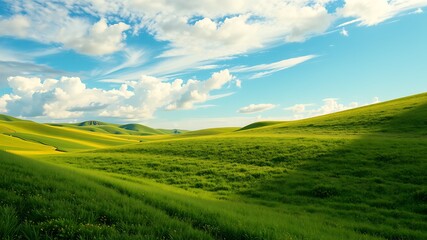 Fototapeta premium Rolling green hills and yellow fields under a vivid blue sky with fluffy white clouds on a sunny day, a serene landscape photograph.