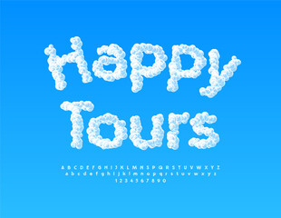 Vector unique promo Happy Tours. Digital Cloud style Font. Sky texture Alphabet Letters and Numbers set. 