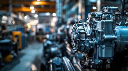 Obraz premium Blue industrial engines on an assembly line. Shallow depth of field inside a modern factory workshop. Precision and productivity for manufacturing. Ideal for automation, engineering