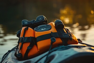 Orange life jacket on top of a kayak, great for water sports or adventure photos