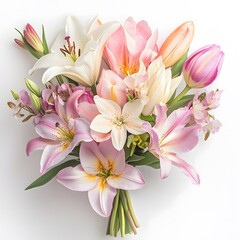 Fototapeta premium A bouquet of fresh spring flowers, lilies and tulips, pastel colors