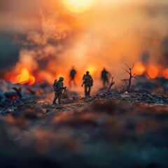 Soldiers navigate a war-torn city amidst flames and smoke at sunset.