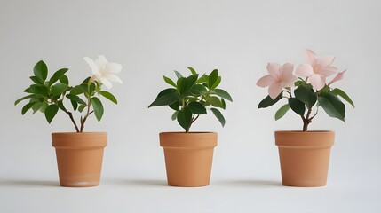 Obraz premium Three potted plants with white and pink flowers against a neutral background.
