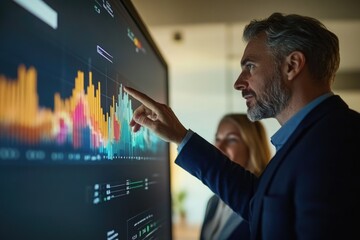 Businessman analyzes data on a large screen, collaborating with a colleague, showcasing market trends and financial insights.