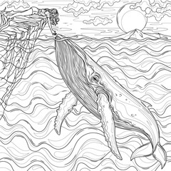 A girl touches a whale in the ocean.Coloring book antistress for children and adults. © Екатерина Власенко