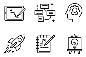 Minimalist Black Line Vector Icon Set - Creativity, Innovation, Design, and Technology Concepts
