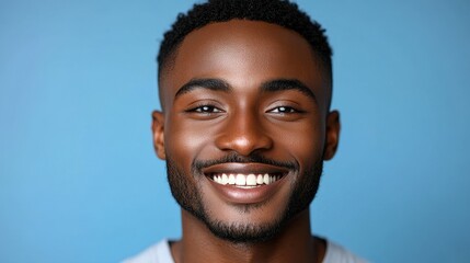 Obraz premium A young man with short, curly hair smiles widely, showcasing his warm personality. He stands confidently against a vibrant blue background, creating an inviting atmosphere