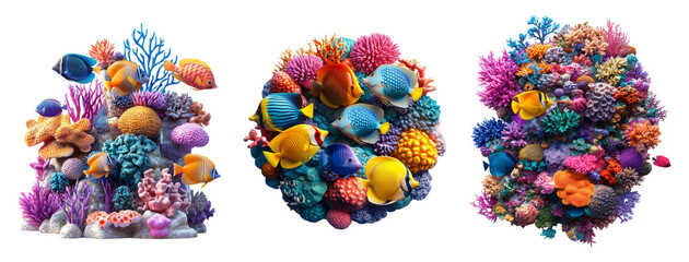 Colorful Coral Reef Illustration with Tropical Fish on Transparent Background