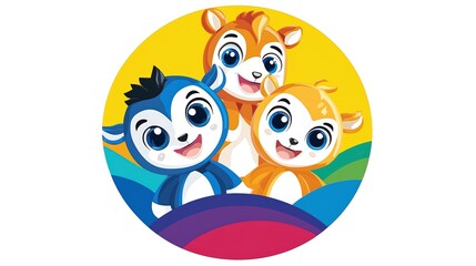 A colorful circular logo that features a lively blend of childrens toys like stuffed animals and action figures, all illustrated in a playful style. The background is a rainbow of colors, enhancing
