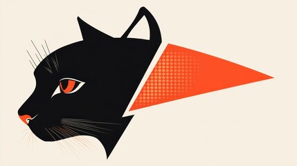 Black cat minimalist art with geometric red triangle