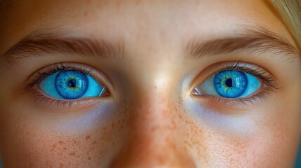 Fototapeta premium Bright blue eyes of a child dominate the frame, revealing unique patterns. Freckles dot the cheeks, while a warm light enhances the captivating gaze, evoking curiosity and innocence