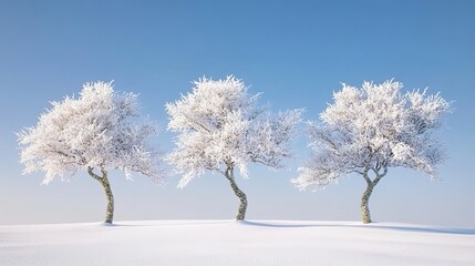  Three trees covered in snow, with a clear blue sky and white background.