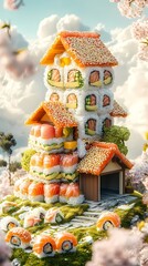 Naklejka premium Creative sushi building made from various sushi types surrounded by cherry blossoms on a sunny day