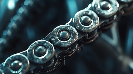 Close-up of a metallic chain with textured links and rivets, showing intricate details and a dark blue tone.