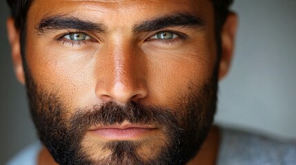 Obraz premium A young man with deep green eyes and a thick beard poses confidently, highlighting his facial features. The close-up emphasizes his intense gaze and strong jawline