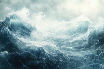 Turbulent ocean waves crash under a stormy sky, creating a dramatic and powerful seascape.