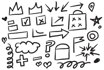 Fototapeta premium Chalk scribble doodle arrow, line elements set. Crayon arrow, underline, handwritten mark check. Rough hand drawn marker sketch with brush grunge texture. Vector illustration of kids pencil drawing. 