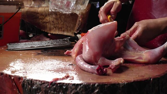 BANGKOK, THAILAND - AUGUST 2024 : View of chicken, duck and goose market. Local market selling fresh meat. Thai food culture concept video.