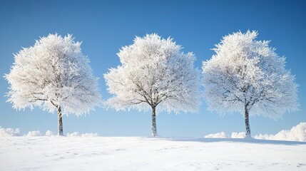Fototapeta premium Three trees covered in snow, with a clear blue sky and white background.