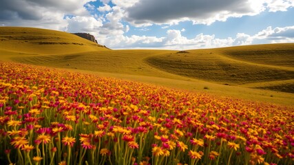 Fototapeta premium Vibrant wildflowers in a field of yellow-gold grass under a partly cloudy sky, a picturesque landscape scene of natural beauty.