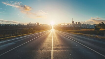 Straight road leading to distant city under bright sky.