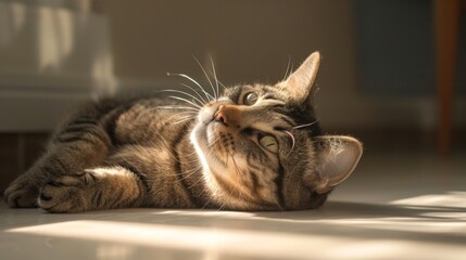 Striped cat relaxing on the floor and gazing upwards indoors