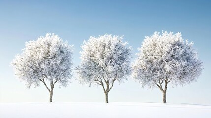  Three trees covered in snow, with a clear blue sky and white background.