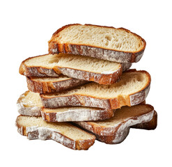 Freshly sliced bread stacked with golden crus isolated on a white background