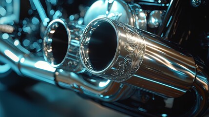 Naklejka premium Close-up of custom motorcycle exhaust pipes with intricate etched detailing.