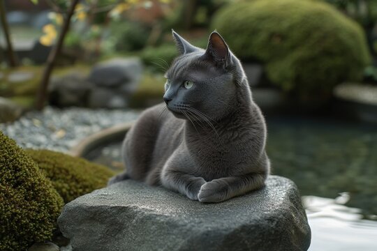 Serene photo of Russian Blue cat at Zen garden