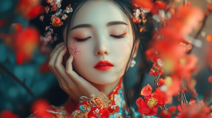 Serene Asian Woman in Traditional Clothing Amidst Red Blossoms