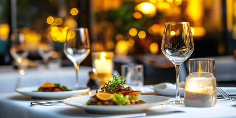 Elegantly arranged tables reflect the upscale ambiance of the restaurant, showcasing fine dining on one side and a more relaxed atmosphere on the other during a cozy evening