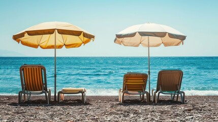 Empty sun loungers under umbrellas on a peaceful beach scene.