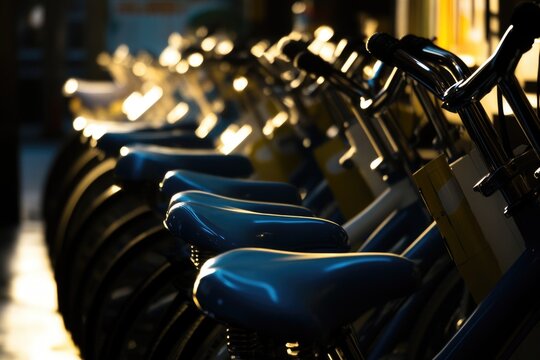 A row of blue bicycles parked side by side, ready for use