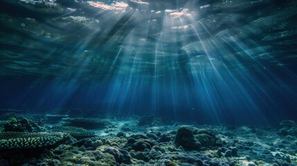 Fototapeta premium Beautiful sun rays shining through water onto coral reef scenery.