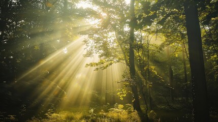 Fototapeta premium Sunlight Filtering Through a Tranquil Forest Canopy