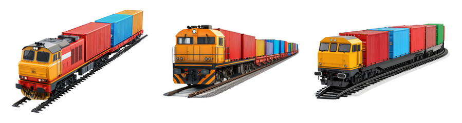 Fototapeta premium Colorful Freight Trains with Containers Isolated on Transparent Background